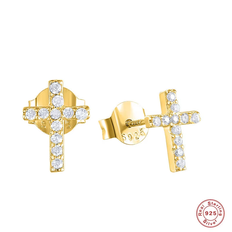 Dropshipping 925 Sterling Silver Minimalist Cross Shape with Cz Diamond Cross Stud Earrings for Women