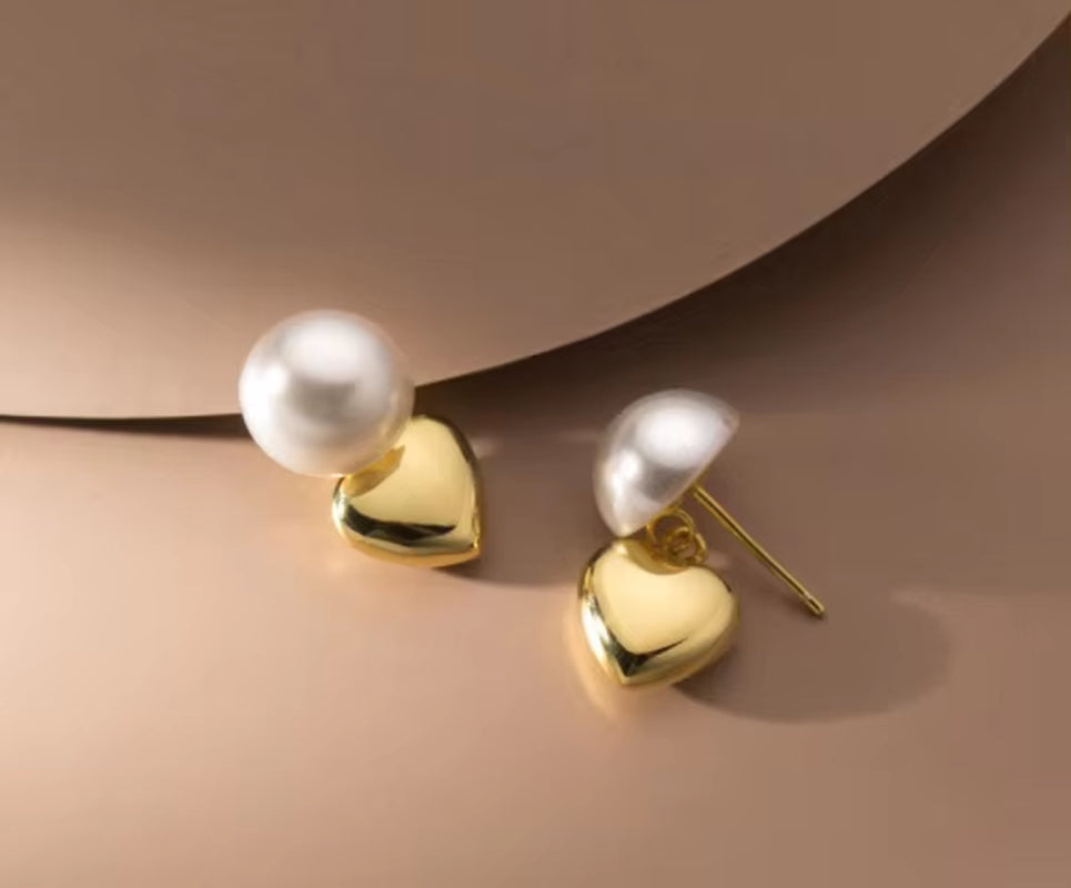 Wholesale Fashion High Quality Jewelry 925 Sterling Silver Pearl Heart Dangle Gold Plated Stud Earring Jewelry for Women