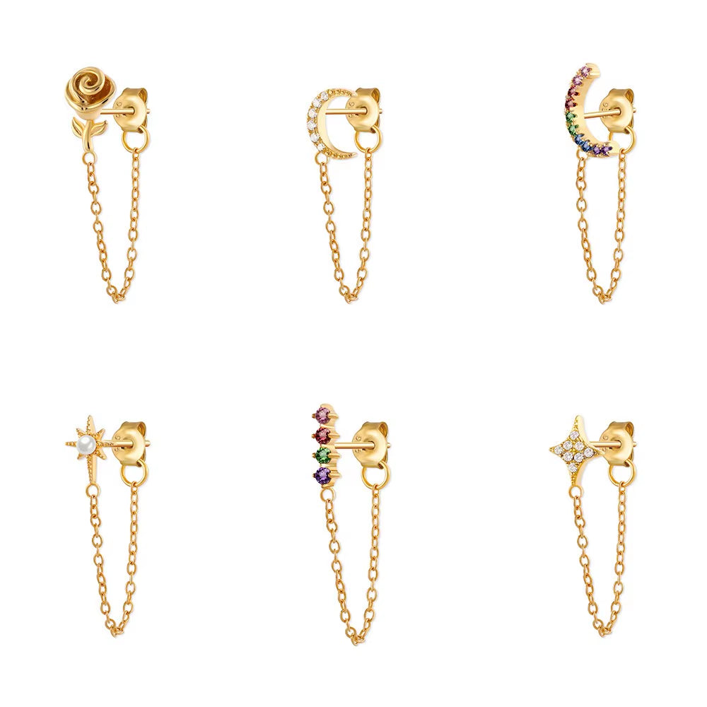 Korean Fashion Jewelry 925 Sterling Silver Long Tassel Earrings Set Snake Sun Flower Star Shape Gold Chain Stud Earrings Women