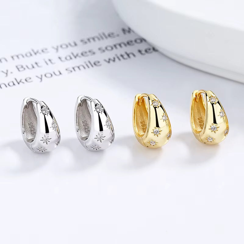 Hot Sale Fashion Jewelry 925 Sterling Silver Earring Star Light Zircon Gold Plated Hoop Earrings for Women