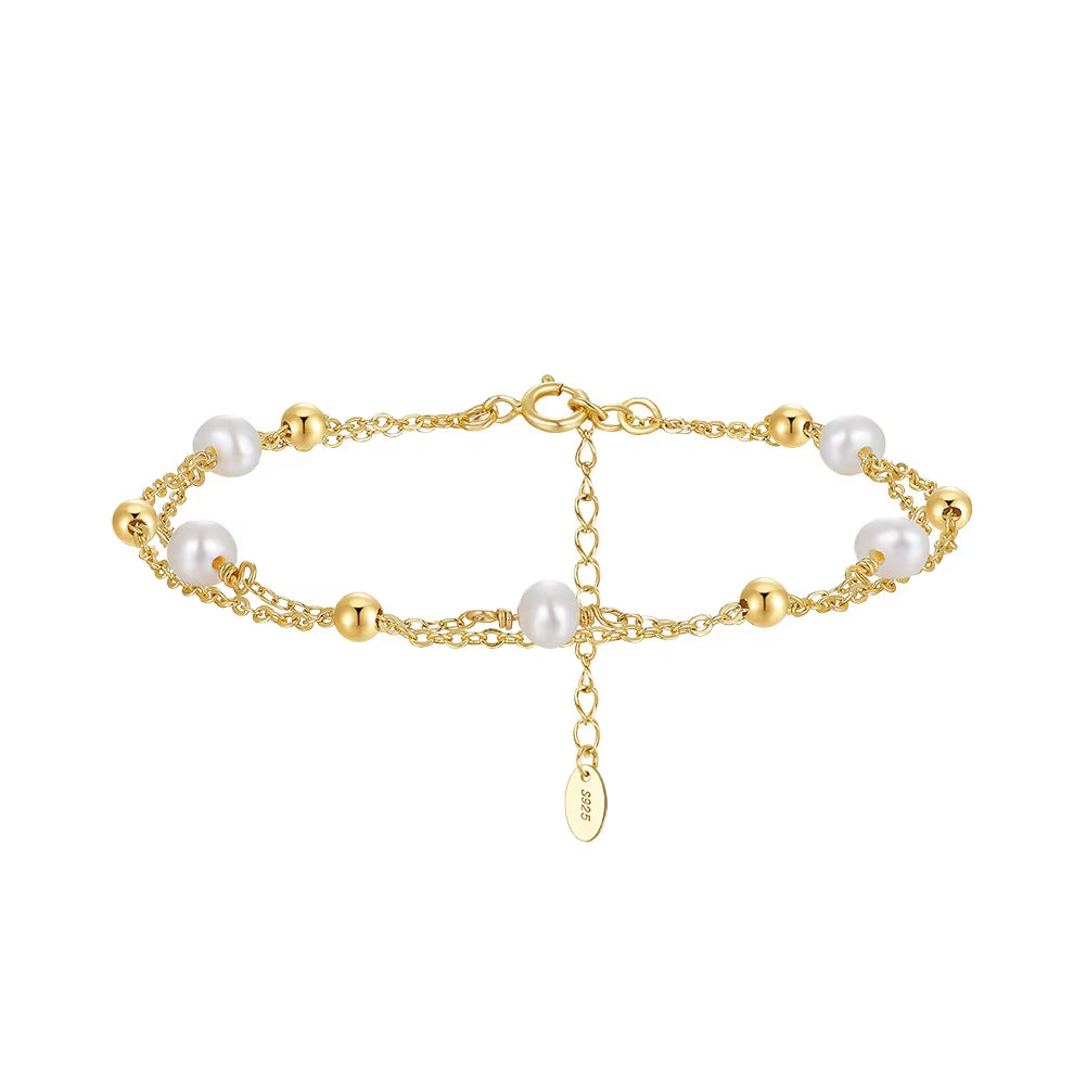Wholesale 925 Sterling Silver Double Chain Natural Freshwater Pearl Gold Plated Ball Bead Bracelet Jewelry for Women