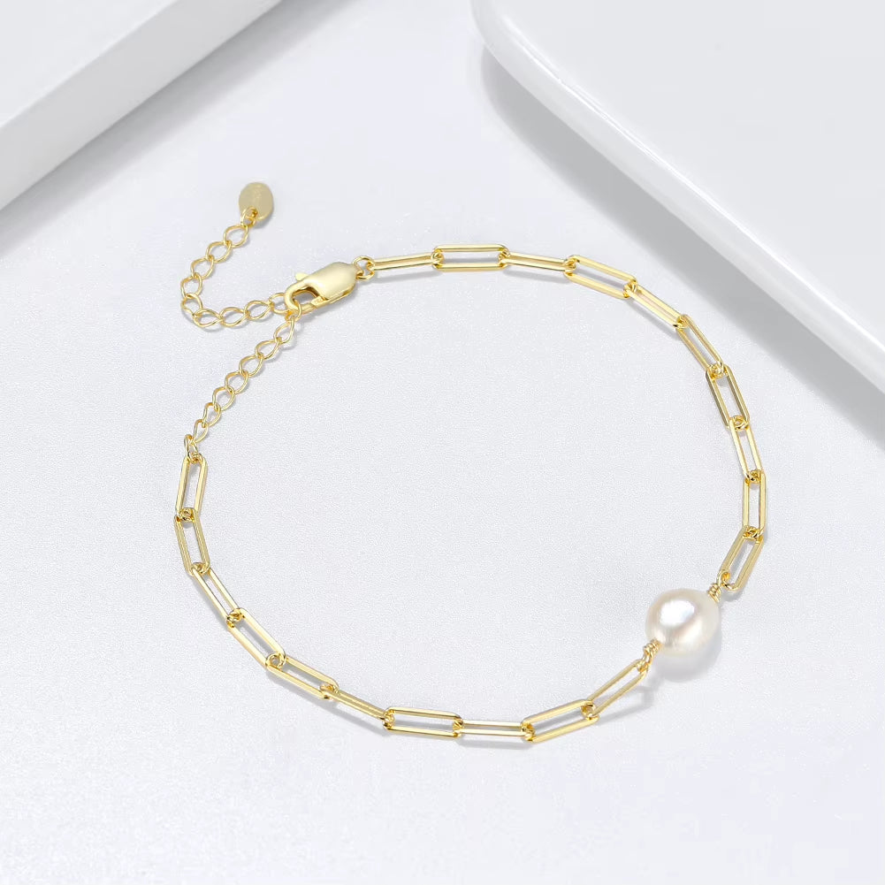 925 Silver Freshwater Pearl Bracelet Baroque Culture Paperclip Figaro Chain Link Chain Gold Plated Dainty Pearl Bracelets