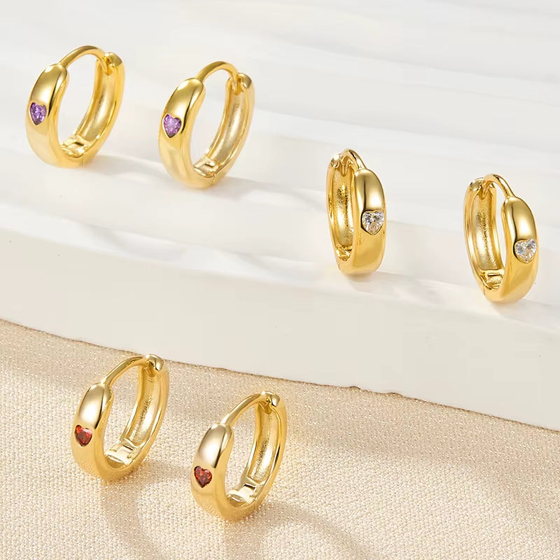 Wholesale Fashion Jewelry 925 Sterling Silver Multi Color Heart Small Zircon Gold Plated Hoop Earring Jewelry for Women