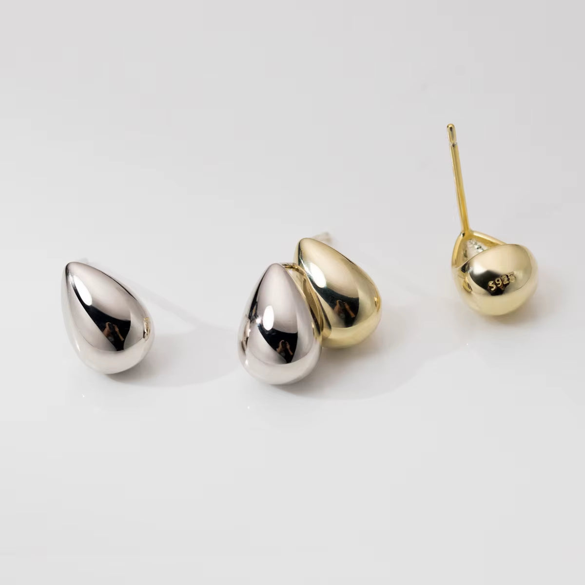 Fashion Minimalist Jewelry 925 Sterling Silver Simple Geometric Plain Water Drop Shape Gold Plated Stud Earrings for Women