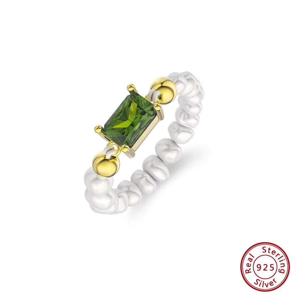 Dropshipping 925 Sterling Silver Square Multi Color Zircon with Natural Freshwater Pearl Ring Jewelry for Women