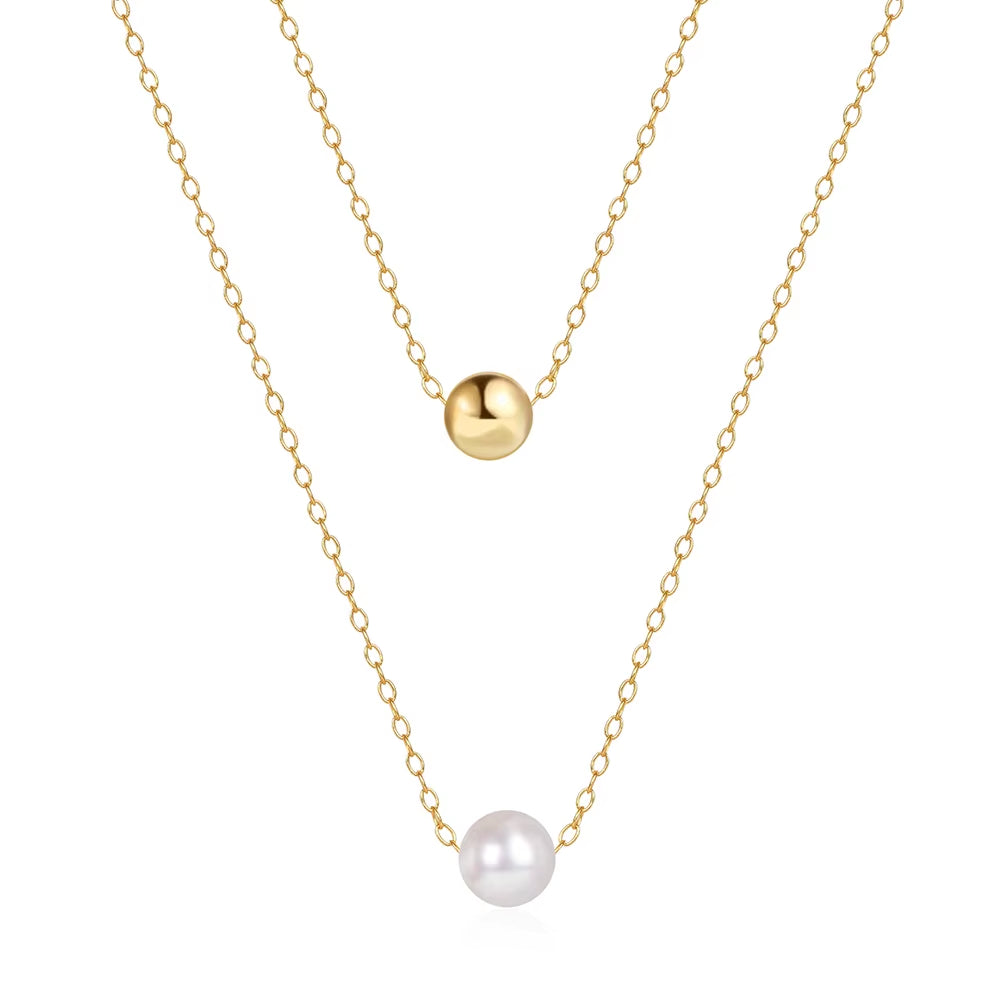 Fashion Jewelry 925 Sterling Silver Necklaces Pearl round Bead Double Layer Chain Gold Plated Necklace for Women