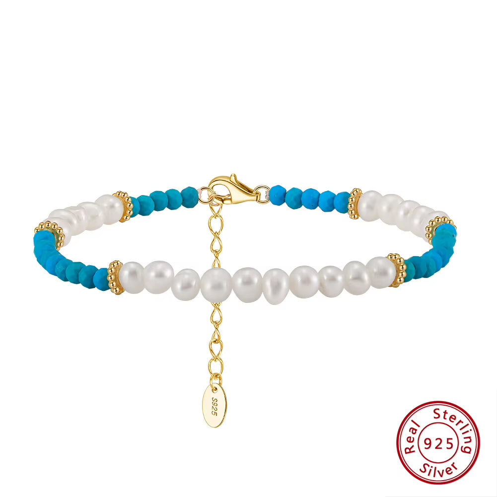 2024 NEW Fashion 925 Sterling Silver Natural Freshwater Pearl with Turquoise Stone Gold Plated Bracelet Jewelry for Women Girls