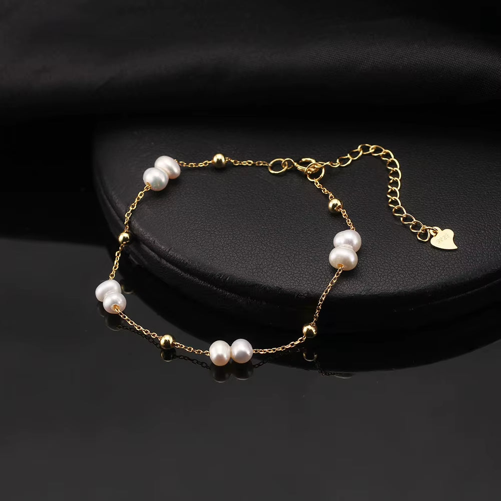 Fashion 925 Sterling Silver Natural Freshwater Pearl Gold Plated Ball Bead Bracelet Jewelry for Women