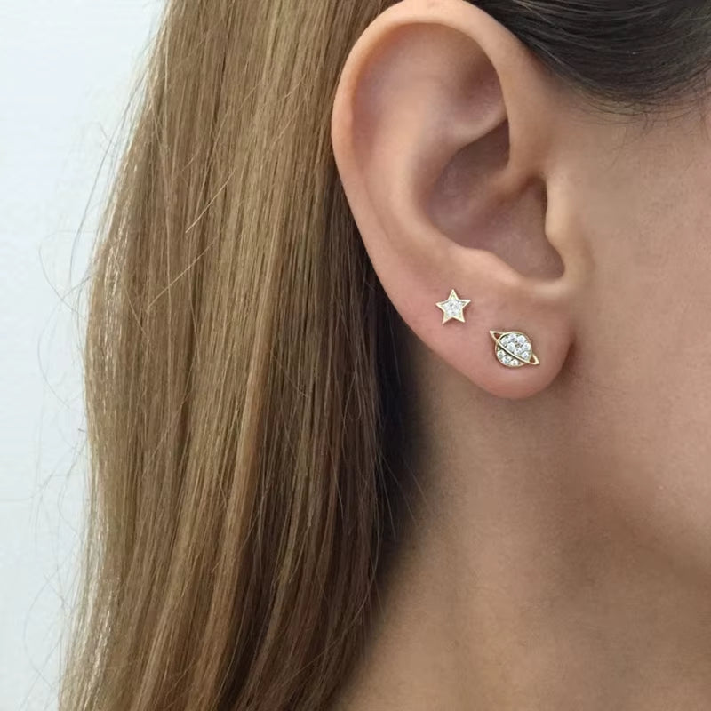 2022 NEW 925 Sterling Silver INS Minimalist Planet and Star Shape with Cz Gold Plated Stud Earrings for Women
