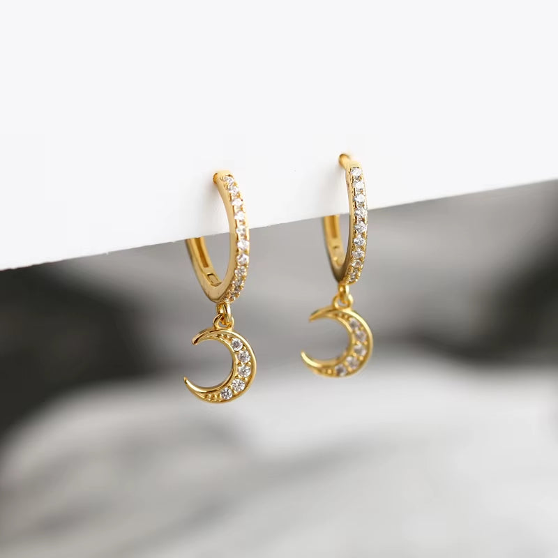 NEW 925 Sterling Silver INS Small Cz Diamond Moon Shape Gold Plated Hoop Earrings for Women