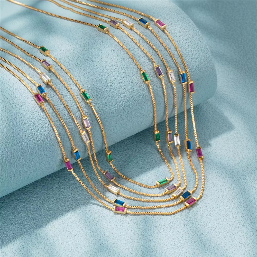 Fashion Silver Necklace Jewelry 925 Sterling Silver Colorful Small Rectangular Zircon Necklace Gold Plated Chain Necklace Women