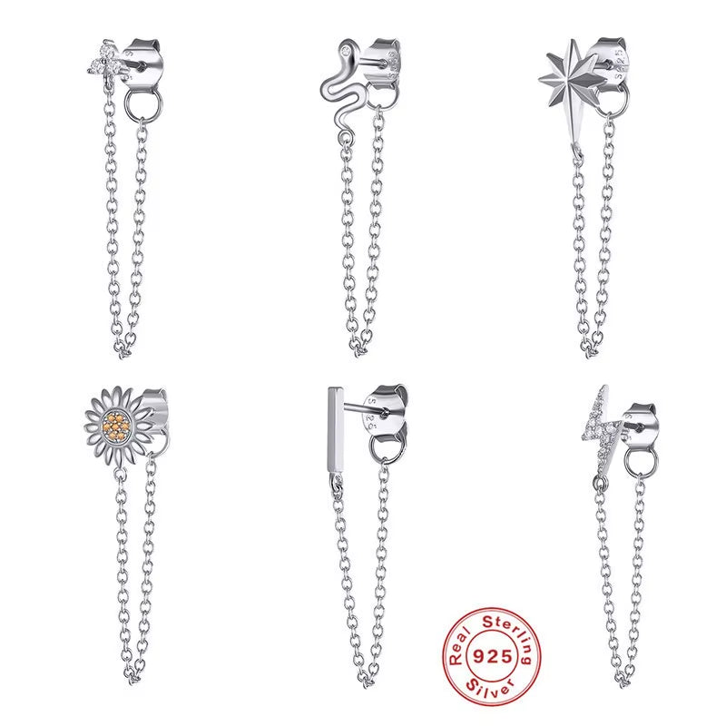 Korean Fashion Jewelry 925 Sterling Silver Long Tassel Earrings Set Snake Sun Flower Star Shape Gold Chain Stud Earrings Women