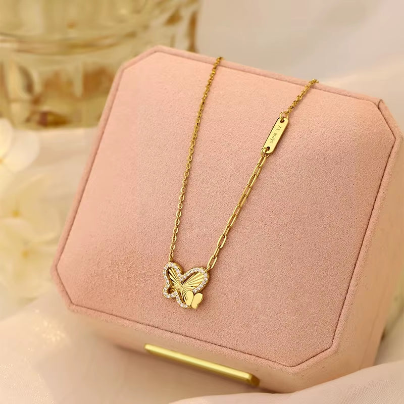 Wholesale Fine 925 Sterling Silver Necklace Double Butterfly Pendant Necklace with Zircon Gold Plated Chain Necklaces Women