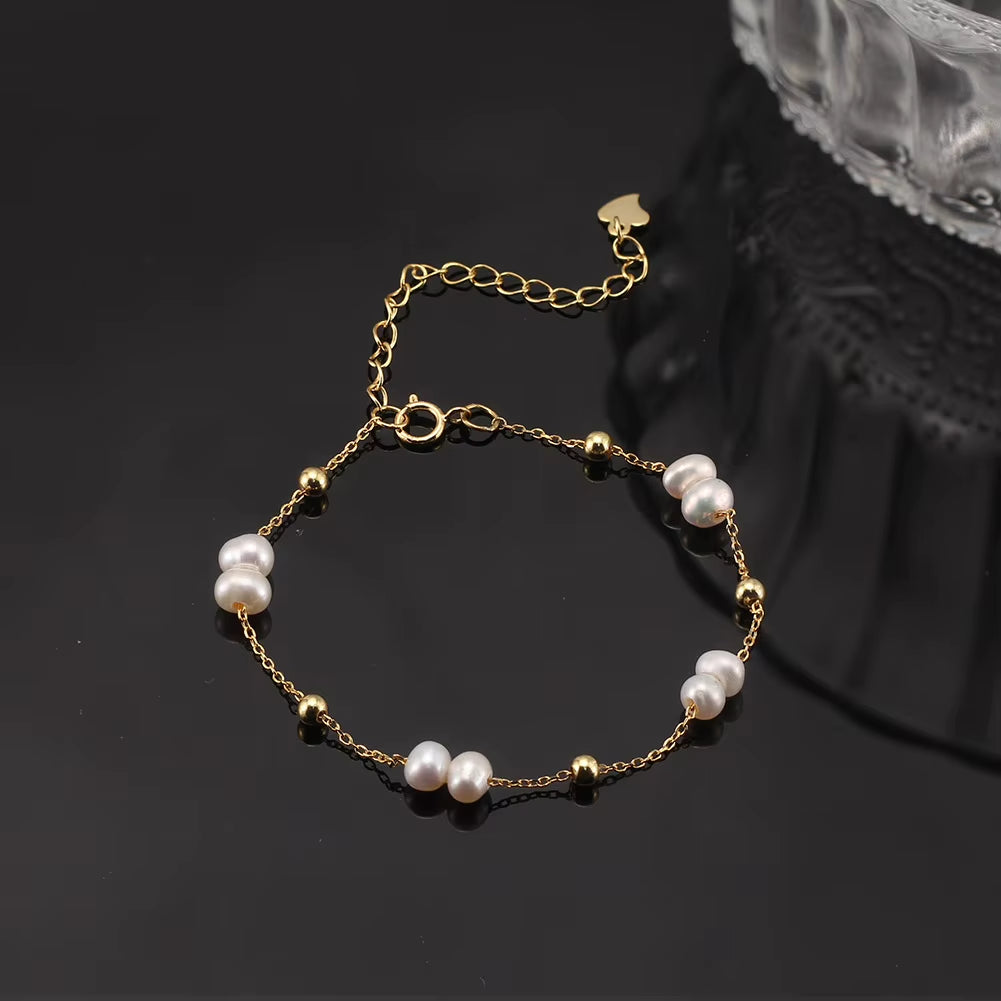 Fashion 925 Sterling Silver Natural Freshwater Pearl Gold Plated Ball Bead Bracelet Jewelry for Women