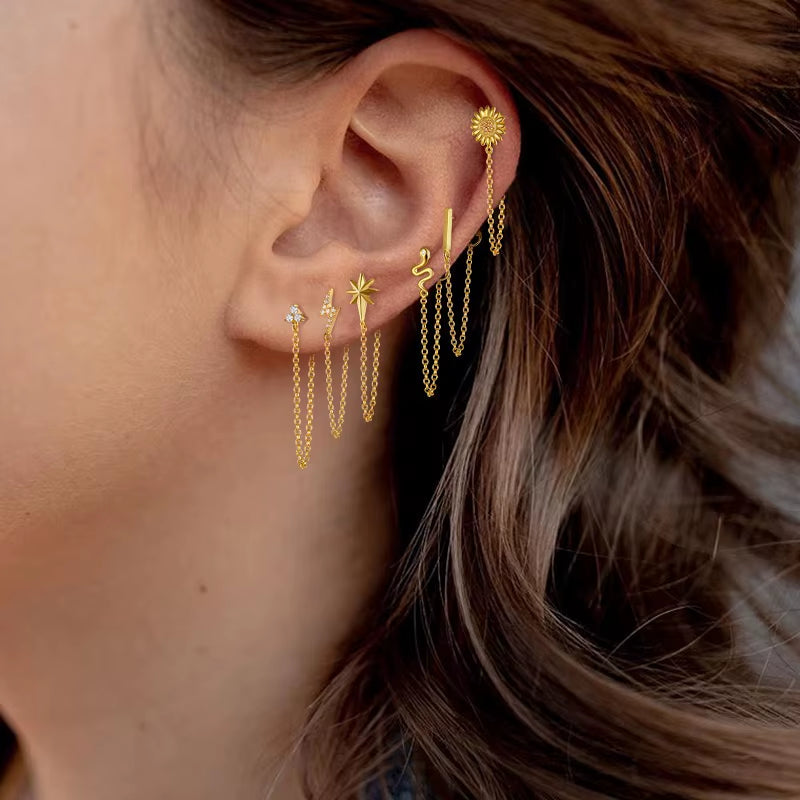 Korean Fashion Jewelry 925 Sterling Silver Long Tassel Earrings Set Snake Sun Flower Star Shape Gold Chain Stud Earrings Women