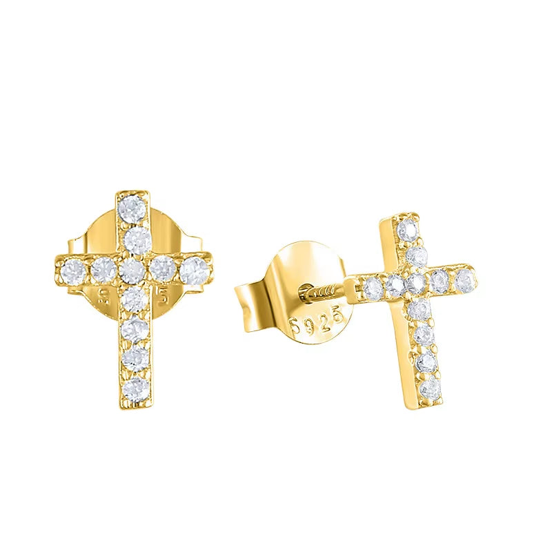 Dropshipping 925 Sterling Silver Minimalist Cross Shape with Cz Diamond Cross Stud Earrings for Women