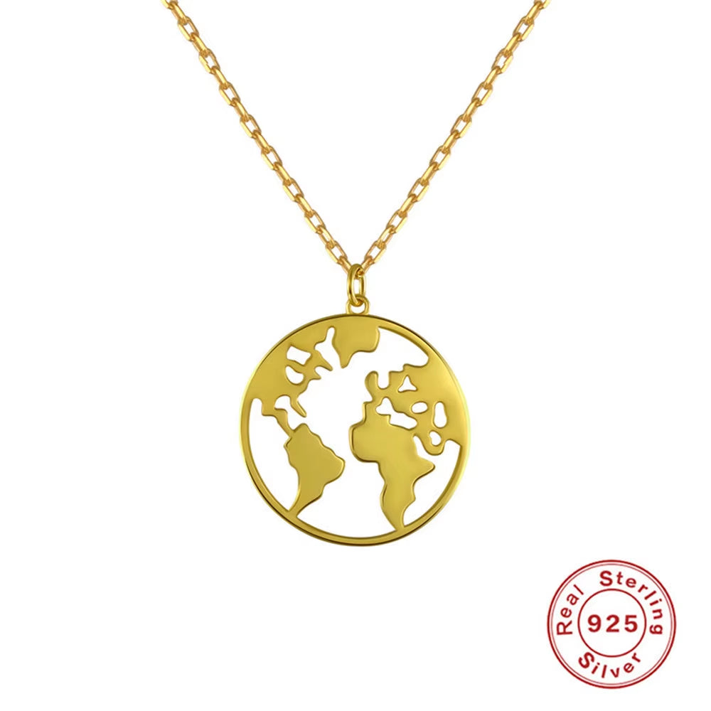 New Fashion Jewelry Trends 925 Sterling Silver Custom Necklace Earth Map Pendant Necklace Chain 18K Gold Necklace for Women