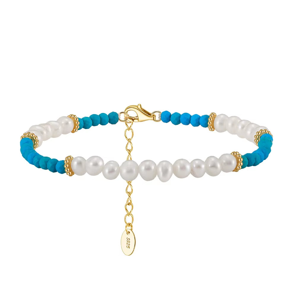 2024 NEW Fashion 925 Sterling Silver Natural Freshwater Pearl with Turquoise Stone Gold Plated Bracelet Jewelry for Women Girls