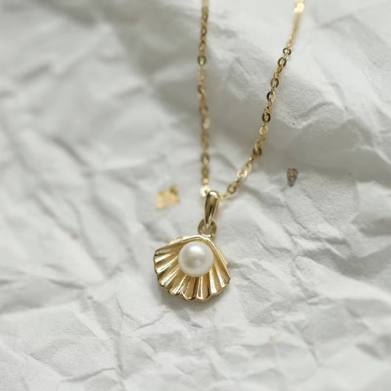 Minimalist Gold Plated Sterling Silver Shell Pearl Necklace