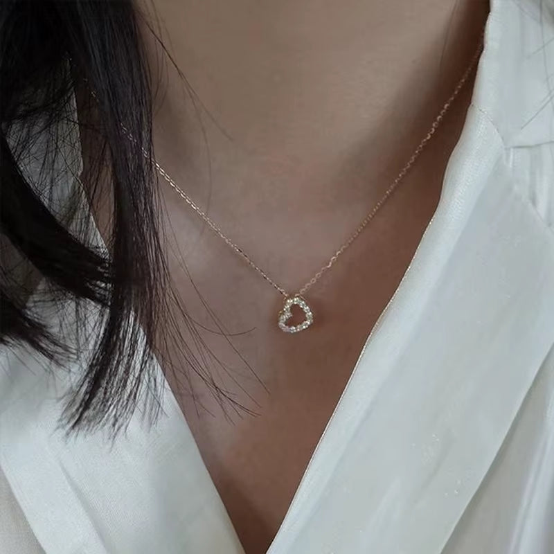 Fashion 925 Sterling Silver Hollowed Love Heart Zircon Pendant Gold Plated Necklaces for Women Valentine'S Day Present