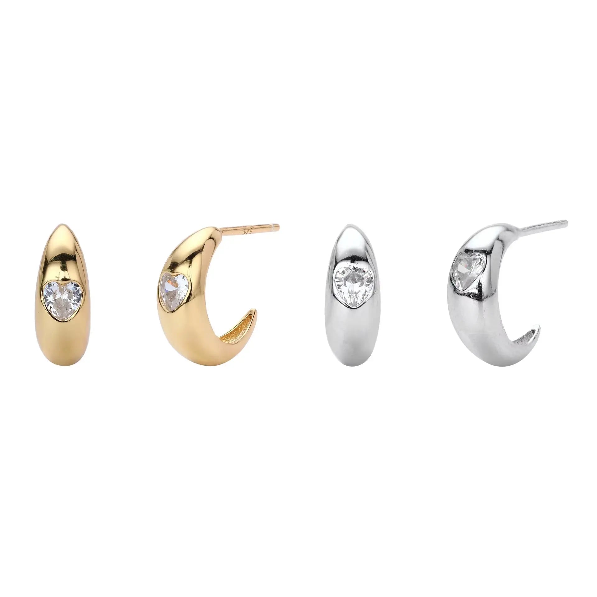 Gold Plated Sterling Silver C-Shaped Heart Zircon Earrings